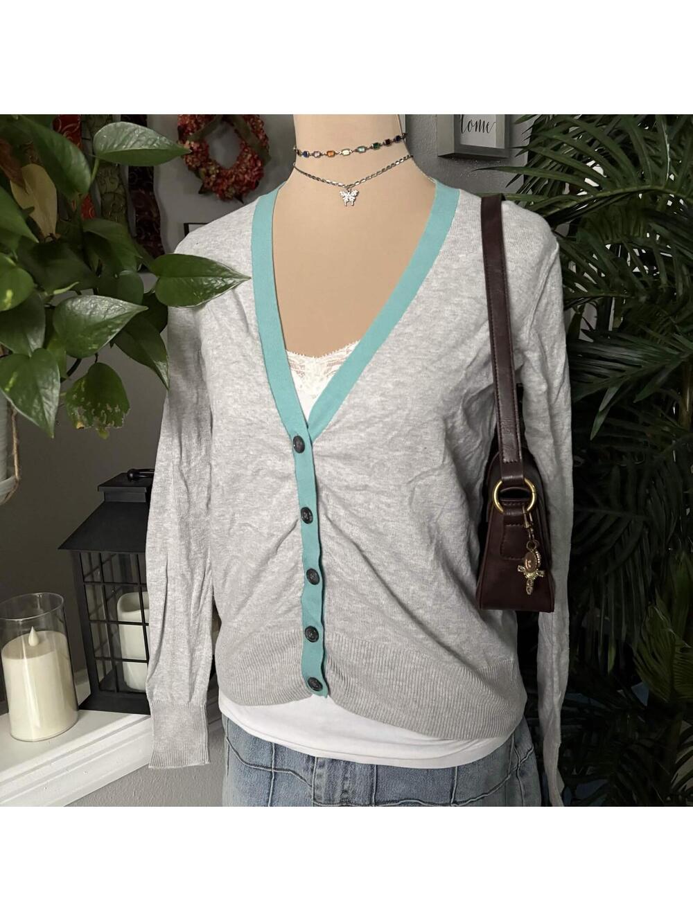 grey & teal y2k preppy cardigan